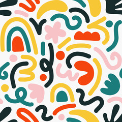 Contemporary art collage with multicolor abstract shapes. Vector seamless pattern with Scandinavian cut out elements.