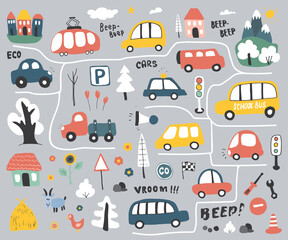 Cars Cartoon Set. Cute transport Doodles collection, vector illustration