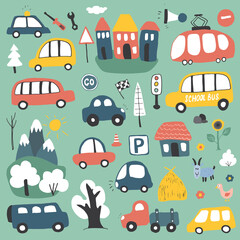 Cars Cartoon Set. Cute transport Doodles collection, vector illustration