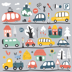 Naklejka premium Cars Cartoon Set. Cute transport Doodles collection, vector illustration
