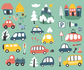 Fototapeta na wymiar Cars Cartoon Set. Cute transport Doodles collection, vector illustration