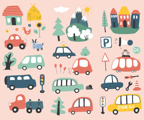 Cars Cartoon Set. Cute transport Doodles collection, vector illustration