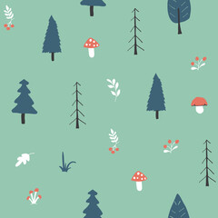 Woodland Seamless pattern, Forest background. Cute cartoon trees and plants vector illustration