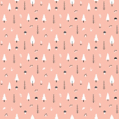 Woodland Seamless pattern, Forest background. Cute cartoon trees and plants vector illustration