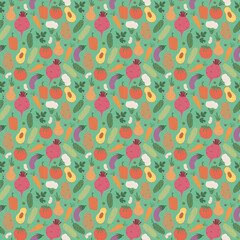 Vegetables seamless pattern. Vegetarian healthy bio food background, Vegan organic eco products pepper, tomato, cucumber, carrot, potato, avocado, beans and peas. Vector illustration