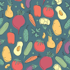 Vegetables seamless pattern. Vegetarian healthy bio food background, Vegan organic eco products pepper, tomato, cucumber, carrot, potato, avocado, beans and peas. Vector illustration