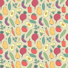 Vegetables seamless pattern. Vegetarian healthy bio food background, Vegan organic eco products pepper, tomato, cucumber, carrot, potato, avocado, beans and peas. Vector illustration