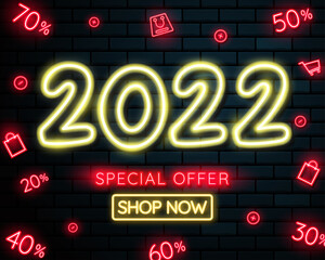 Obraz na płótnie Canvas 2022 advertising neon banner. vector illustration.