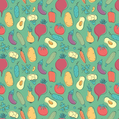 Vegetables seamless pattern. Vegetarian healthy bio food background, Vegan organic eco products pepper, tomato, cucumber, carrot, potato, avocado, beans and peas. Vector illustration