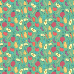 Vegetables seamless pattern. Vegetarian healthy bio food background, Vegan organic eco products pepper, tomato, cucumber, carrot, potato, avocado, beans and peas. Vector illustration
