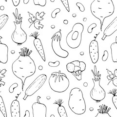 Vegetables seamless pattern. Vegetarian healthy bio food background, Vegan organic eco products pepper, tomato, cucumber, carrot, potato, avocado, beans and peas. Vector illustration