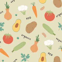 Vegetables seamless pattern. Vegetarian healthy bio food background, Vegan organic eco products pepper, tomato, cucumber, carrot, potato, avocado, beans and peas. Vector illustration