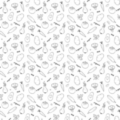 Vegetables seamless pattern. Vegetarian healthy bio food background, Vegan organic eco products pepper, tomato, cucumber, carrot, potato, avocado, beans and peas. Vector illustration