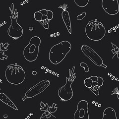Vegetables seamless pattern. Vegetarian healthy bio food background, Vegan organic eco products pepper, tomato, cucumber, carrot, potato, avocado, beans and peas. Vector illustration