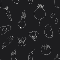 Vegetables seamless pattern. Vegetarian healthy bio food background, Vegan organic eco products pepper, tomato, cucumber, carrot, potato, avocado, beans and peas. Vector illustration
