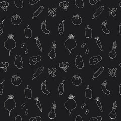 Vegetables seamless pattern. Vegetarian healthy bio food background, Vegan organic eco products pepper, tomato, cucumber, carrot, potato, avocado, beans and peas. Vector illustration