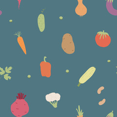 Vegetables seamless pattern. Vegetarian healthy bio food background, Vegan organic eco products pepper, tomato, cucumber, carrot, potato, avocado, beans and peas. Vector illustration