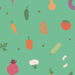 Vegetables seamless pattern. Vegetarian healthy bio food background, Vegan organic eco products pepper, tomato, cucumber, carrot, potato, avocado, beans and peas. Vector illustration
