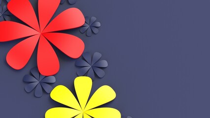 Dark blue background with red-yellow paper flowers. Concept image of happy Invitation and reception sign. 3D CG. 3D high quality rendering. 3D illustration. High resolution.