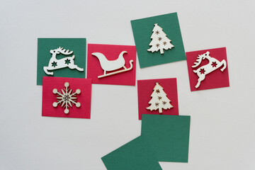 christmas background with decorative ornaments, gift tags, and paper