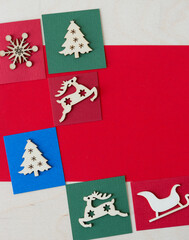 christmas background with decorative ornaments on wood and paper