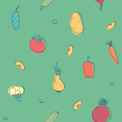 Vegetables seamless pattern. Vegetarian healthy bio food background, Vegan organic eco products pepper, tomato, cucumber, carrot, potato, avocado, beans and peas. Vector illustration