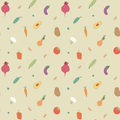 Vegetables seamless pattern. Vegetarian healthy bio food background, Vegan organic eco products pepper, tomato, cucumber, carrot, potato, avocado, beans and peas. Vector illustration