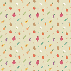 Vegetables seamless pattern. Vegetarian healthy bio food background, Vegan organic eco products pepper, tomato, cucumber, carrot, potato, avocado, beans and peas. Vector illustration