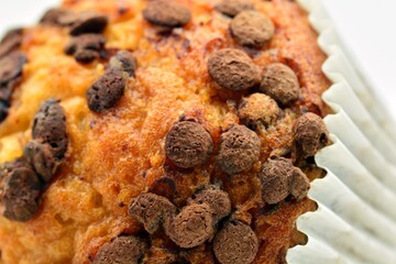Detalle de una magdalena tierna y esponjosa con pepitas de chocolate