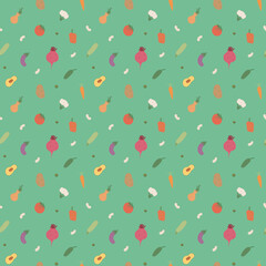 Vegetables seamless pattern. Vegetarian healthy bio food background, Vegan organic eco products pepper, tomato, cucumber, carrot, potato, avocado, beans and peas. Vector illustration