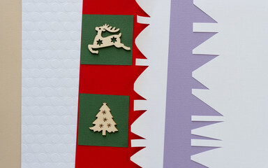 christmas background with decorative ornaments, gift tags, and paper