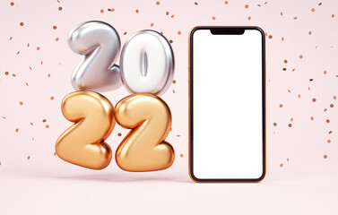 2022 mobile phone blank screen mockup with golden and silver metallic numbers on a pink background. New year illustration for banner or flyer design concept in realistic 3D rendering