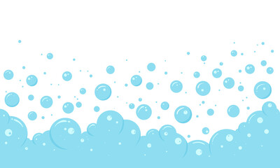 Fototapeta na wymiar Blue bubble soap background, foam border, abstract frame, suds pattern. Transparent effervescent air bubbles stream. Cartoon soda pop. Fizzy drinks. Carbonated vector illustration