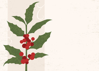 A sprig of holly and berries in a cut paper style with textures
