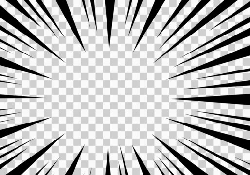 Comic manga effect vector transparent background, zoom abstract pattern, speed radial line frame, black ray explosion. Cartoon striped illustration