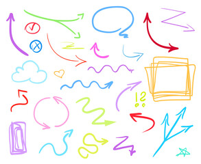 Abstract colored arrows and frameworks. Colorful infographic elements on isolated white. Set of different multicolored signs. Hand drawn simple objects. Right and left direction pointers