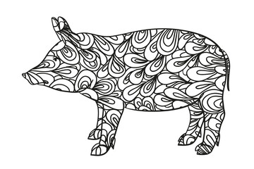 Pig on white. Zen art. Zentangle. Hand drawn animal with intricate patterns on isolated background. Design for spiritual relaxation for adults. Black and white illustration for coloring. Print