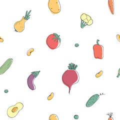 Vegetables seamless pattern. Vegetarian healthy bio food background, Vegan organic eco products pepper, tomato, cucumber, carrot, potato, avocado, beans and peas. Vector illustration