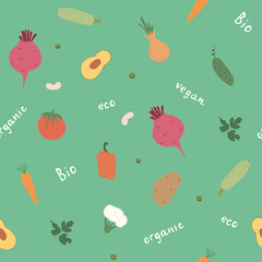 Vegetables seamless pattern. Vegetarian healthy bio food background, Vegan organic eco products pepper, tomato, cucumber, carrot, potato, avocado, beans and peas. Vector illustration