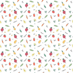 Vegetables seamless pattern. Vegetarian healthy bio food background, Vegan organic eco products pepper, tomato, cucumber, carrot, potato, avocado, beans and peas. Vector illustration