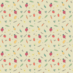 Vegetables seamless pattern. Vegetarian healthy bio food background, Vegan organic eco products pepper, tomato, cucumber, carrot, potato, avocado, beans and peas. Vector illustration