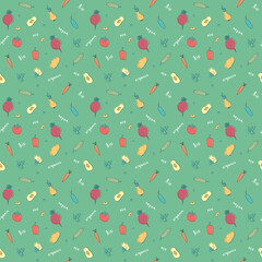 Vegetables seamless pattern. Vegetarian healthy bio food background, Vegan organic eco products pepper, tomato, cucumber, carrot, potato, avocado, beans and peas. Vector illustration