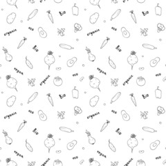 Fototapeta premium Vegetables seamless pattern. Vegetarian healthy bio food background, Vegan organic eco products pepper, tomato, cucumber, carrot, potato, avocado, beans and peas. Vector illustration