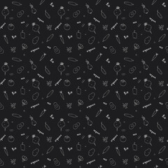 Vegetables seamless pattern. Vegetarian healthy bio food background, Vegan organic eco products pepper, tomato, cucumber, carrot, potato, avocado, beans and peas. Vector illustration