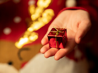 dawać prezent - dłoń trzymająca mały prezent, prezent świąteczny, święta bożego narodzenia - obrazy, fototapety, plakaty
