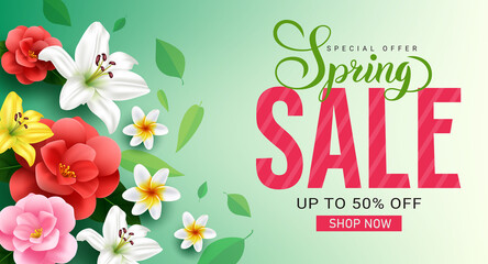 Spring sale vector banner design. Spring sale text special offer up to 50% off with flowers and leaves bloom elements for seasonal business clearance discount promotion. Vector illustration.
