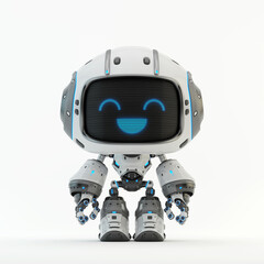 Cute white bot with blue eyes and digital smile, 3d rendering on white background