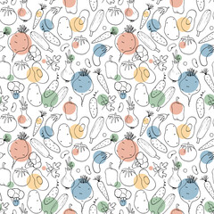Vegetables seamless pattern. Vegetarian healthy bio food background, Vegan organic eco products pepper, tomato, cucumber, carrot, potato, avocado, beans and peas. Vector illustration
