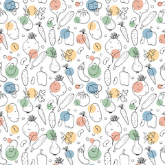 Vegetables seamless pattern. Vegetarian healthy bio food background, Vegan organic eco products pepper, tomato, cucumber, carrot, potato, avocado, beans and peas. Vector illustration