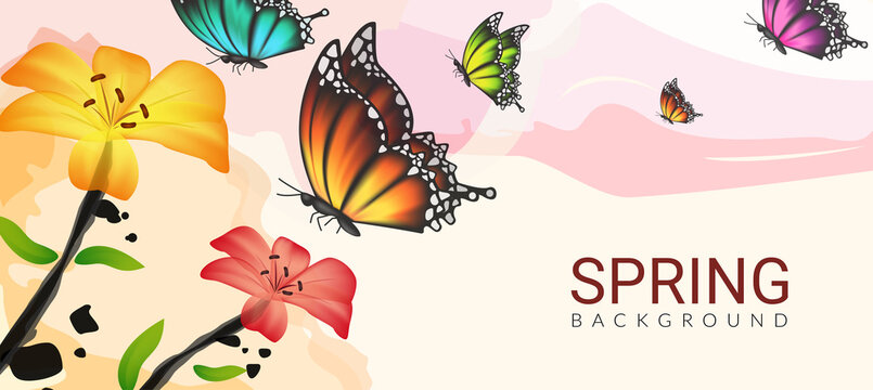 Spring abstract vector background design. Nature painting scenery with lily flowers and butterflies elements for spring layout art paint decoration. Vector illustration.
